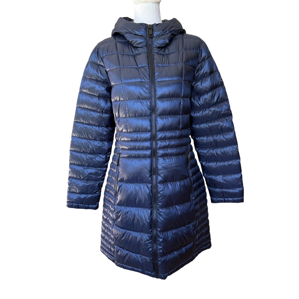 Calvin Klein Womens Navy Blue Packable Down Blend Hooded Puffer Jacket Parka L